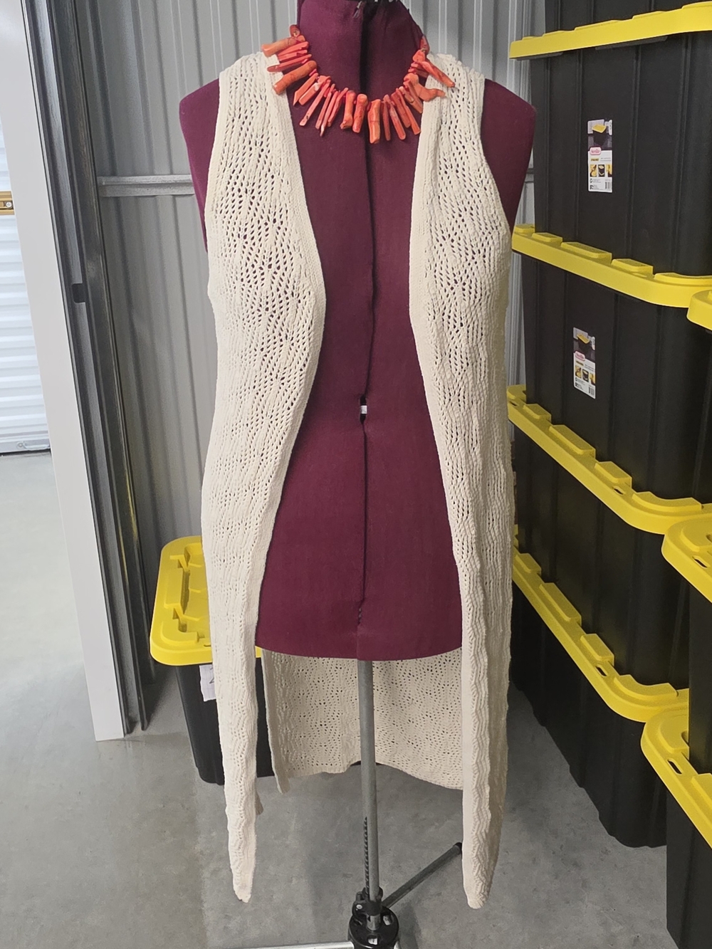 Cream Open-Knit Long Vest Sweater